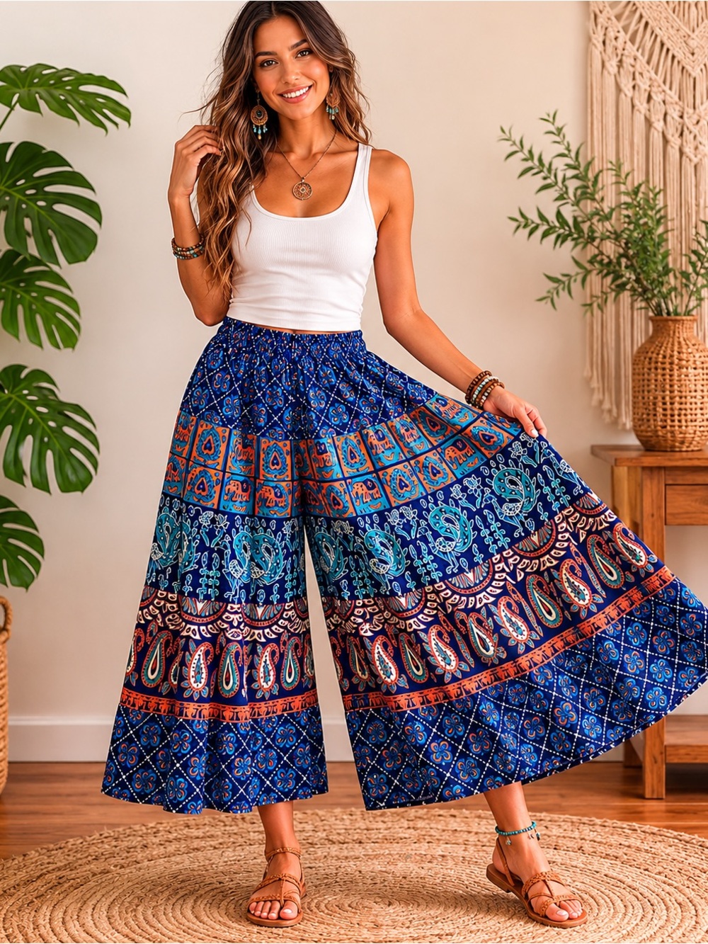 98H.New Boho Wide-Leg Palazzo Pants in Navy Paisley cotton